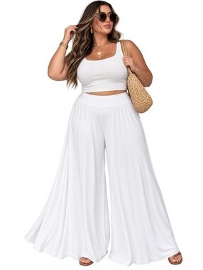MKM Designs 3X White Wide Leg Palazzo Pants Stretch Flowy USA Made